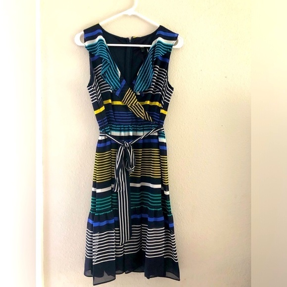 DKNY Womens Navy Ruffled Zippered Belted Lined Striped Sleeveless Surplice Dress - Picture 4 of 11